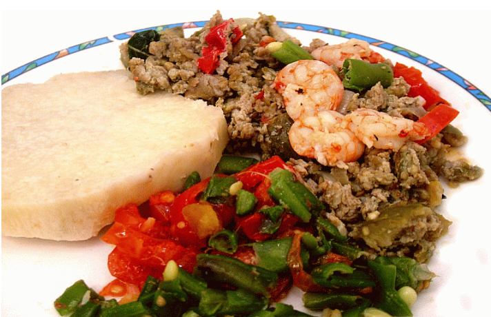 Boiled Yam with Garden Egg, Shrimps, Eggs, and Smoked Fish