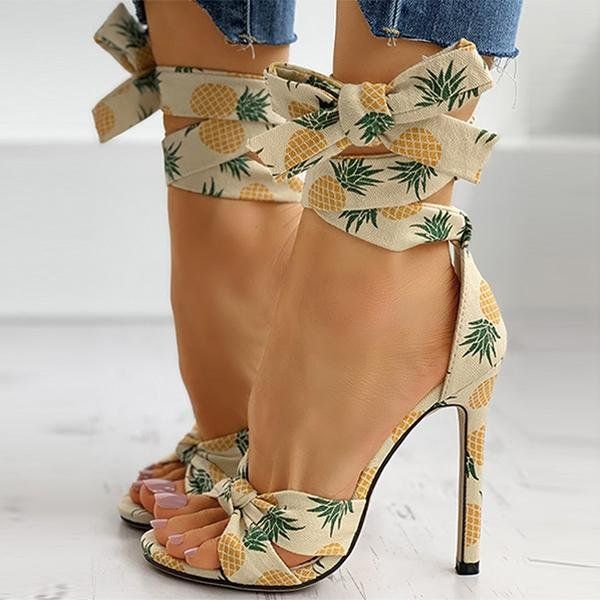 Chloebuy Women's Fruit Print Twisted Detail Stiletto Heel Yellow-9