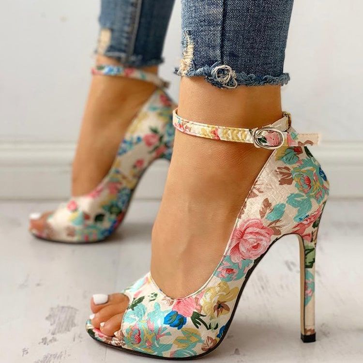Women Fashion Flower Printed Peep Toe Heels Size_5-11