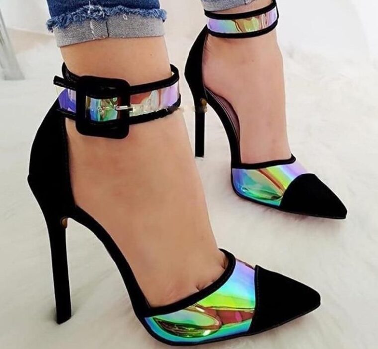 hologram pvc patchwork square buckle high heel shoe - as picture _ 42