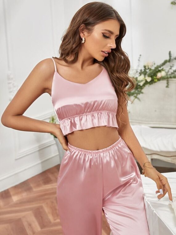 Ruffle Hem Satin PJ Set