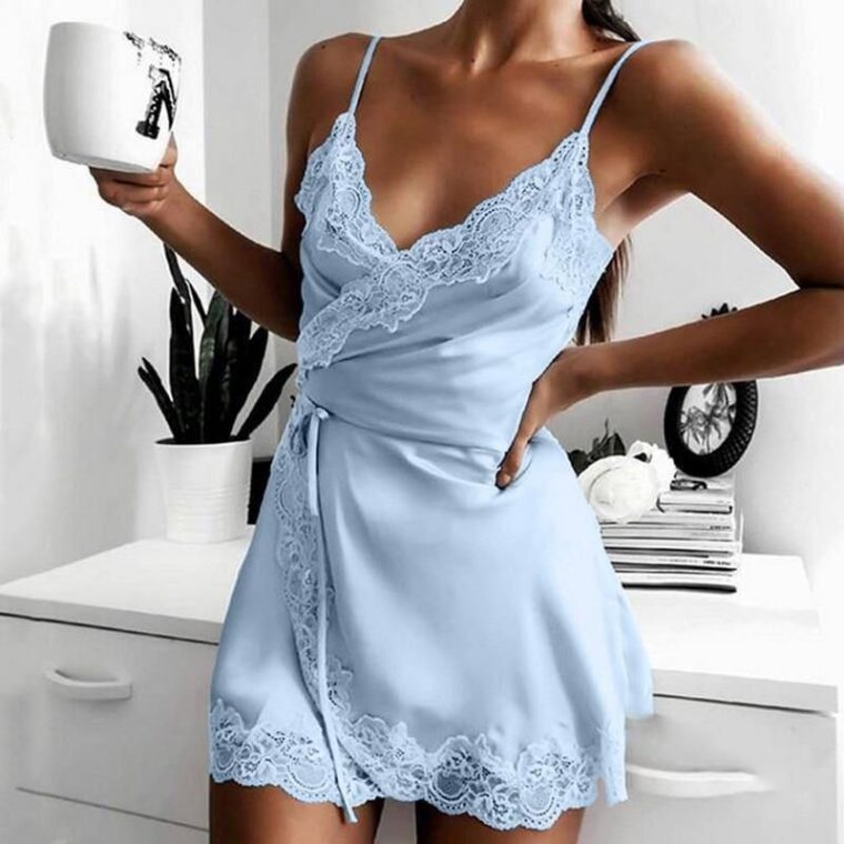 Sexy Sleepwear Dress Women Retro Spaghetti Strap Lace Satin Pyjama Dresses Nightwear V-neck Silk Lady Nightdress Bathrobe 3XL, Color 4 style _ 1 _ XL _ United Kingdom