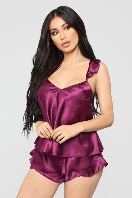 satin backless ruffles trim two piece nightwear - Purple _ M