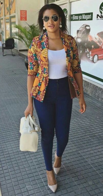 An Ankara blazer with a simple white T-shirt and jeans