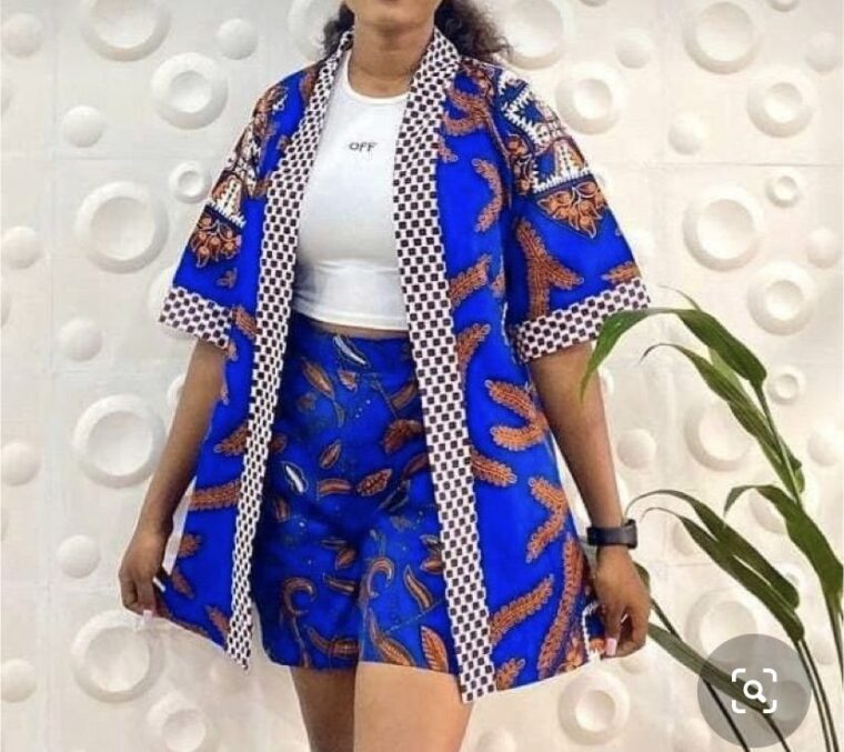 An Ankara blazer with matching shorts and a white blouse