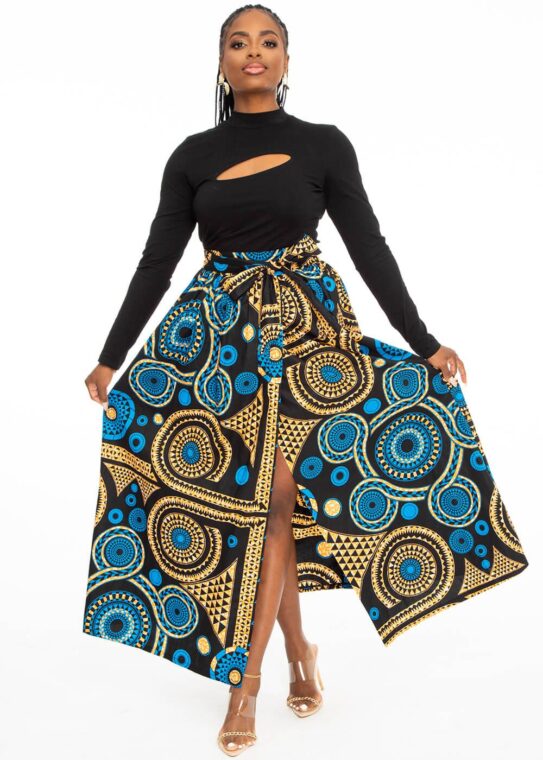 A flared Ankara skirt paired with a simple blouse