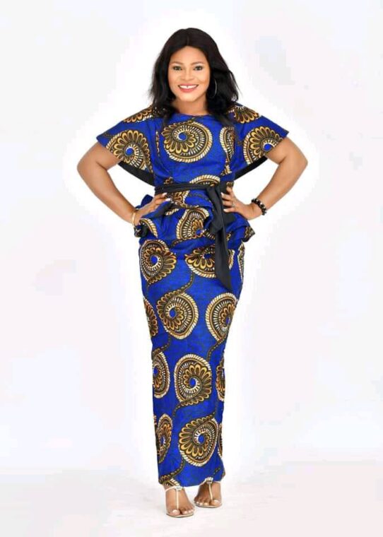 An Ankara A-line skirt with a fitted blouse