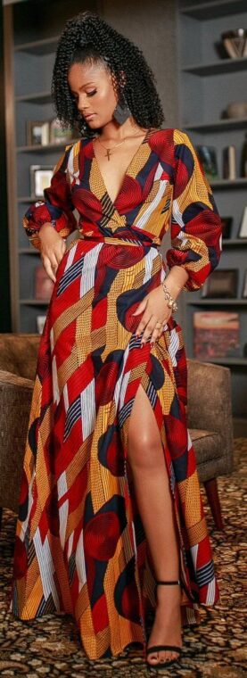 An Ankara wrap dress with a V-neck