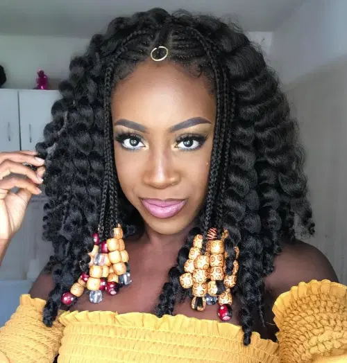 Shoulder-Length Loose Curls with Beaded Mini-Fulani Braids