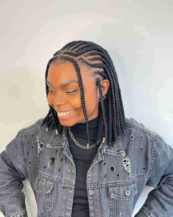 Center part braided bob with face-framing pieces