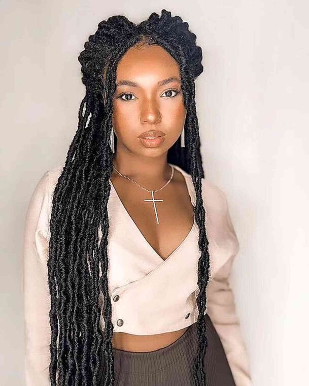 Long Faux Locs with Two Buns: