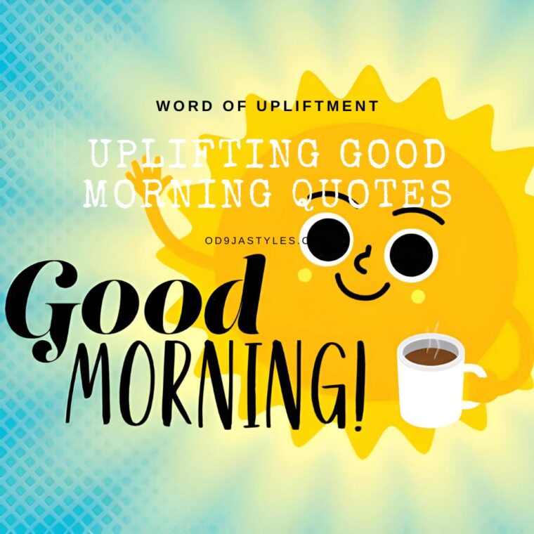 Smiling sun graphic with Good Morning greeting and coffee.